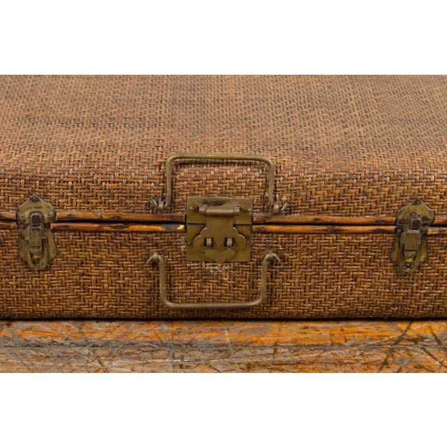 Indian Vintage Bamboo and Woven Rattan Suitcase with Brass Hardware For Sale - Image 11 of 13