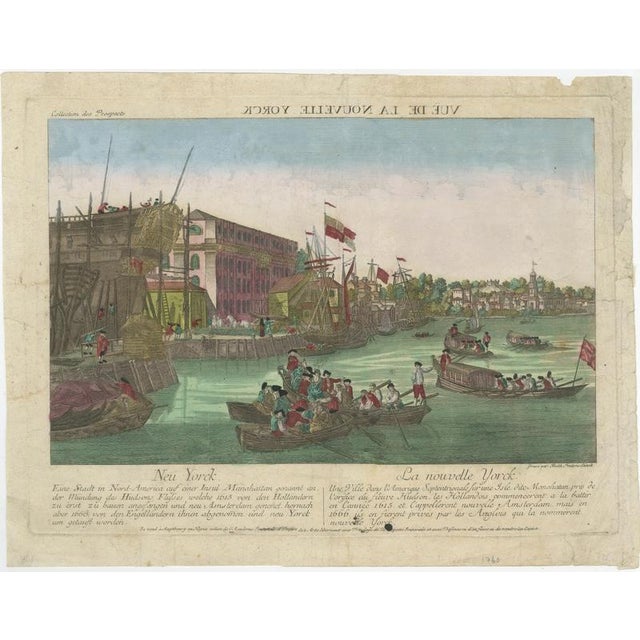 Optical View of New York City, Manhattan Harbor - Hand-Colored and Published in Augsburg ca.1775 : This striking hand-...