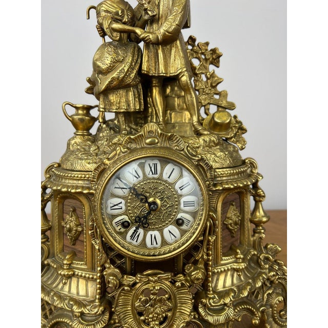 Vintage French Brass Ornate Romantic Couple Mantel Clock For Sale - Image 4 of 16