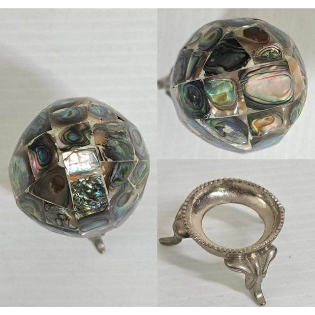 Lot of 2 Decorative Eggs – Abalone Shell Mosaic & Monet Green Enamel Egg Box For Sale - Image 10 of 10
