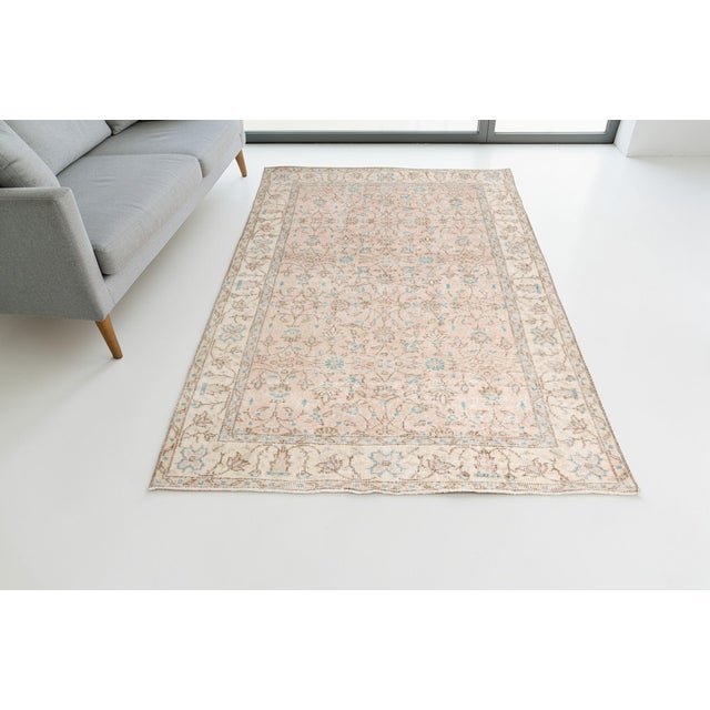 Mid 20th Century Muted Oushak Turkish Rug, Faded Peach and Teal Area Rug For Sale - Image 4 of 10