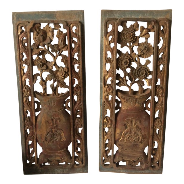 Carved Wood Chinese Panels - A Pair For Sale