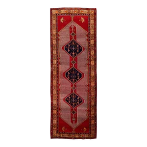 1960s Vintage Persian Heriz Handmade Red Medallion Wool Runner