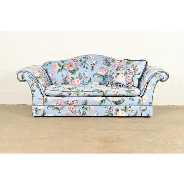 English Baker Furniture English Traditional Floral Upholstered Roll Arm Camelback Sofa For Sale - Image 3 of 15