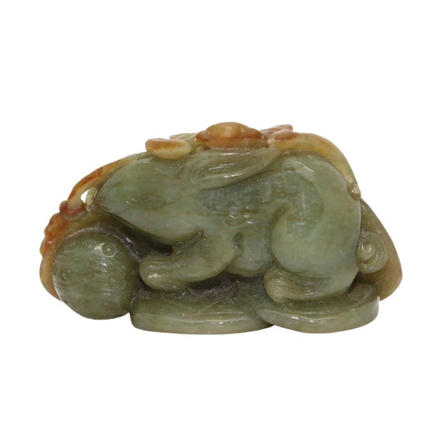 Chinese Yellow Green Lucky Zodiac Jade Rabbit on Coin Pendant Figure For Sale