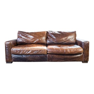 Restoration Hardware Maxwell Distressed Cigar Leather Sofa For Sale