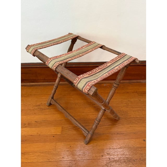 Wood Vintage Turned Wood Folding Luggage Rack With Greek Key Tapestry Straps For Sale - Image 7 of 9