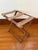 Wood Vintage Turned Wood Folding Luggage Rack With Greek Key Tapestry Straps For Sale - Image 7 of 9