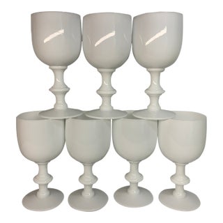 1930s French Portieux Vallerysthal White Opaline Water Goblets 6.5” - Set of 7 For Sale