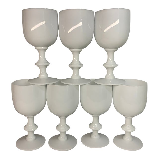 1930s French Portieux Vallerysthal White Opaline Water Goblets 6.5” - Set of 7 For Sale