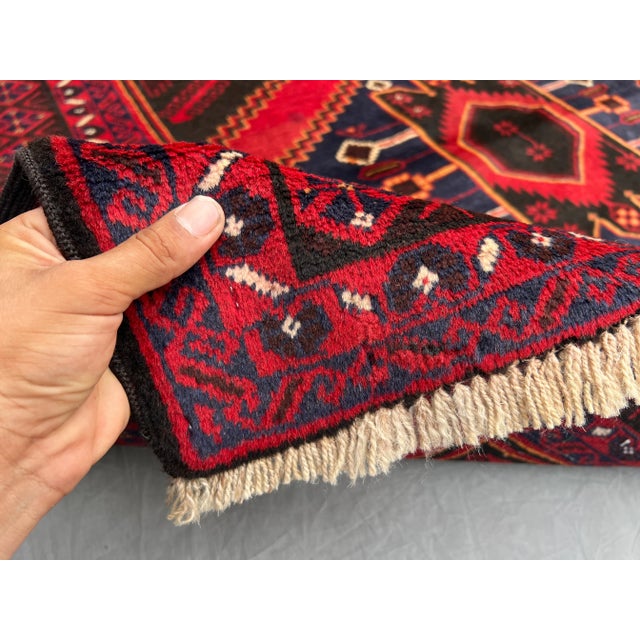 Red Vintage Afghan Baluchi Red Rug With Geometric Diamond Design and Soft Wool Pile Rug For Sale - Image 8 of 11