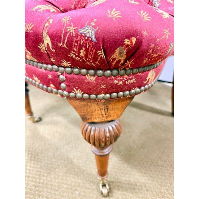 Late 20th Century Pair of Chinoiserie Tufted Red Barrel Back Slipper Chairs For Sale - Image 5 of 11