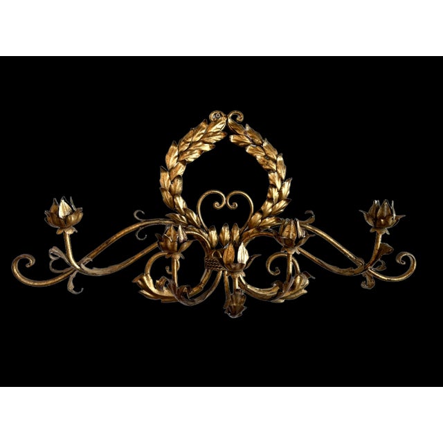 Fabulous Italian Mid-Century Gilt Candelabra Five-Arm Wall Candle Holder, heavy gilt metal piece with branches, leaves,...