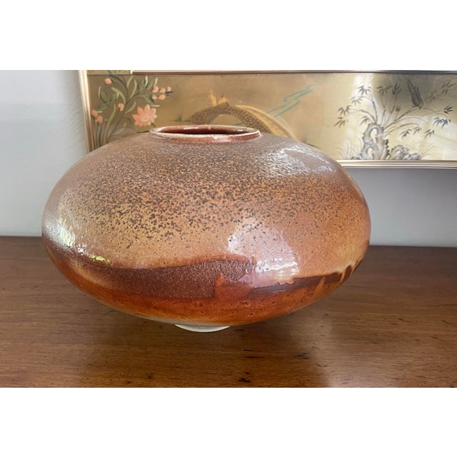 Brown Early 21st Century Boho Signed Studio Pottery Vase, Large Organic Modern Ceramic Vessel, Earth Tone Glaze, 13” Wide For Sale - Image 8 of 12