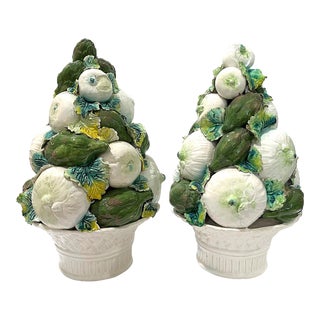Italian Faience Majolica Topiary Centerpiece Onions & Artichokes - Set of 2 For Sale