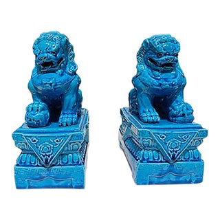 Asian 1990s' Blue Fu Dog- a Pair (Small Size) For Sale