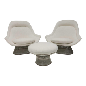 Pair of Warren Platner for Knoll Easy Chairs and Ottoman in Holly Hunt Boucle'
