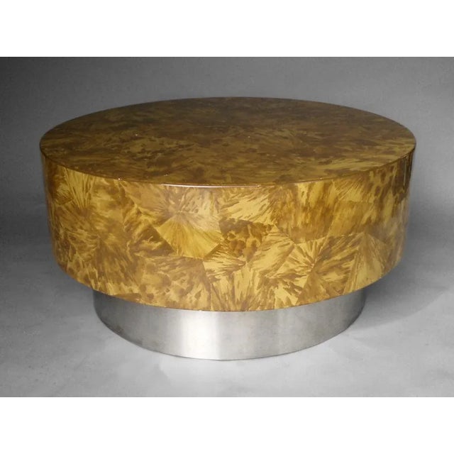 Faux finished drum cocktail table. Finish is as is could use touch up or refinish .