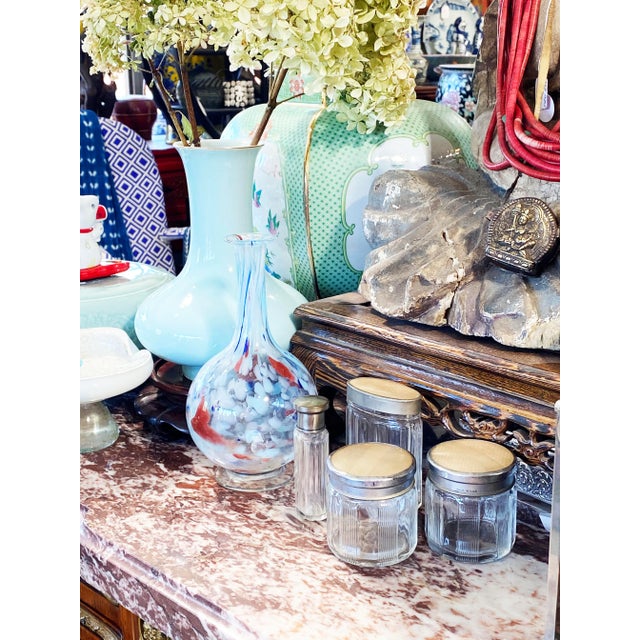 Vintage Early 1900s Set of Four French Glass Vanity /Dresser Containers W/ Lids composed of a perfume bottle 3.5" H oval...