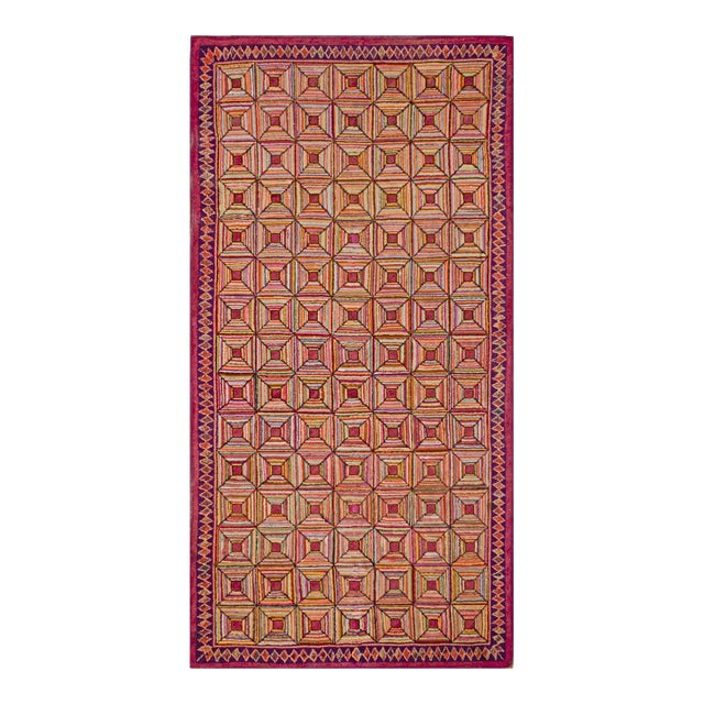 1920s Multicolor Geometric Antique American Hooked Rug 3'6" X 7'0" Handknotted Wool Carpet For Sale