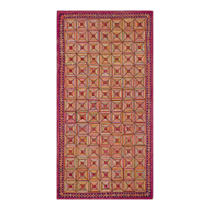 1920s Multicolor Geometric Antique American Hooked Rug 3'6" X 7'0" Handknotted Wool Carpet