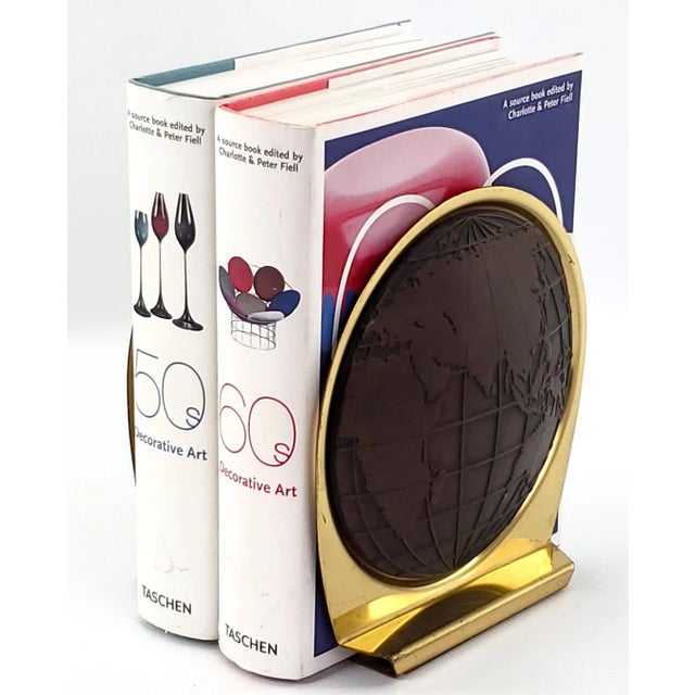1960s 1960s Jere Style World Atlas Brass Plated and Brown Vinyl Bookends Depicting the Eastern and Western Hemispheres, Signed - a Pair For Sale - Image 5 of 12