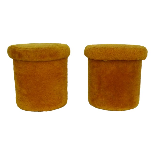 Orange-Yellow Faux Fur Ottomans with Interior Storage Compartment, 1970s For Sale
