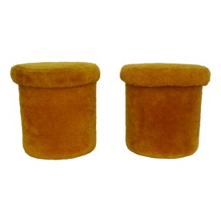 Orange-Yellow Faux Fur Ottomans with Interior Storage Compartment, 1970s, Set of 2 For Sale