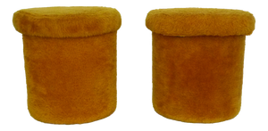 Orange-Yellow Faux Fur Ottomans with Interior Storage Compartment, 1970s, Set of 2
