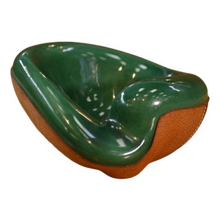 Leather-Covered Ceramic Trinket Tray by George Jouve for Longchamp, 1960s For Sale