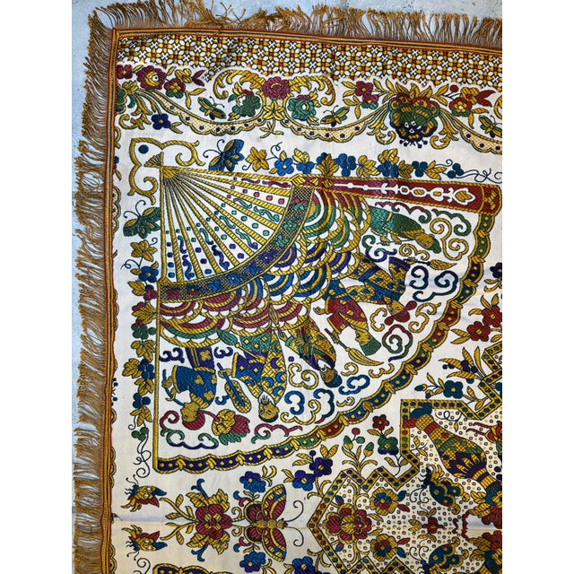 Vintage Gold Brocade Silk Blend Chinoiserie Fringe Tablecloth or Tapestry 55 X 49 For Sale - Image 13 of 17