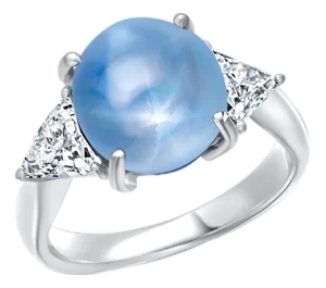 18k White Gold Triangle Diamond Ring With GIA-Certified No-Heat Star Sapphire, Size 5