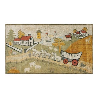 Artistic Small Size Pictorial Antique American Folk Art Prairie Town Farm Animal Scene Hooked Rug For Sale