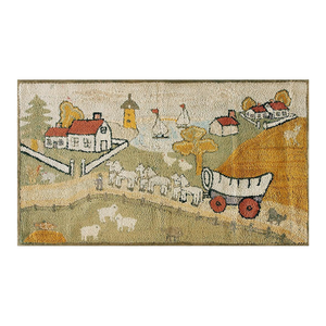 Artistic Small Size Pictorial Antique American Folk Art Prairie Town Farm Animal Scene Hooked Rug