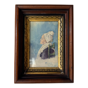1900 J. McNish Watercolor Portrait Painting of a Woman in Bonnet, Framed