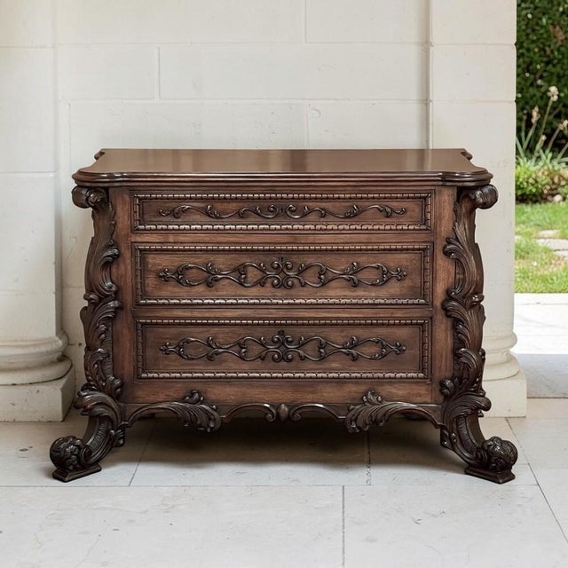 Antique Italian Rococo Revival commode, hand carved in walnut and glowing with a rich, warm patina. Bold acanthus scrolls...