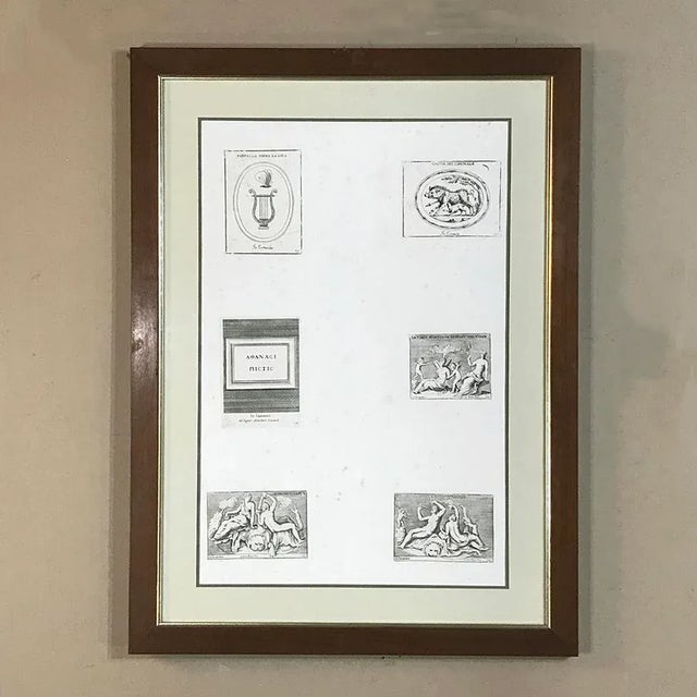 Pair of 19th Century French Neoclassical Framed Engravings depict a variety of classical figures, animals and decorative...