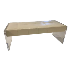 White Leather and Acrylic Bench With Metal Accents