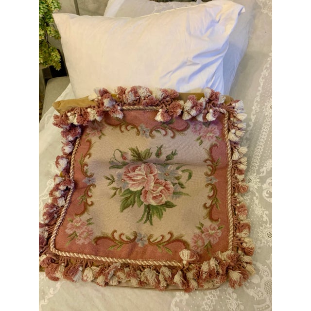 Vintage Tapestry Floral Aubusson Wool Decorative Pillow With Tassels Trim Reversible to Solid Velvet 19” X 19” For Sale In Miami - Image 6 of 12