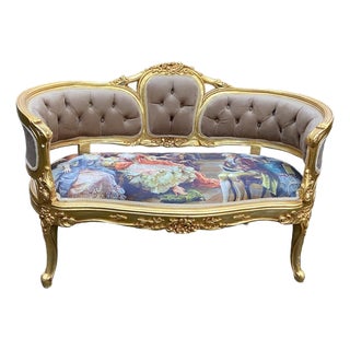 1970s French Louis XVI Gold Beech Brown Velvet Settee 1pc For Sale