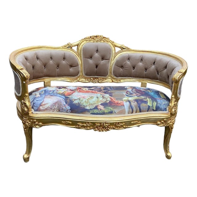 1970s French Louis XVI Gold Beech Brown Velvet Settee 1pc For Sale