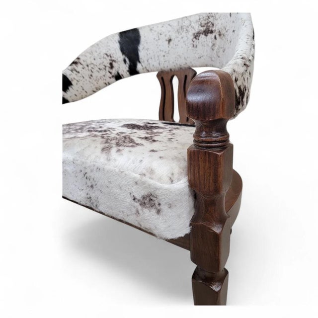 Mid 20th Century Vintage Asian Inspired Carved Curved Back 3 Leg Dining Chairs Reupholstered in Cowhide - Set of 4 For Sale - Image 5 of 6