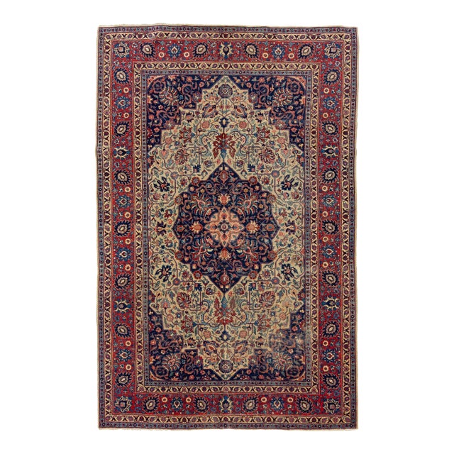Blue Antique Wool Rug Persian Tabriz From 1920s With a Medallion Design For Sale