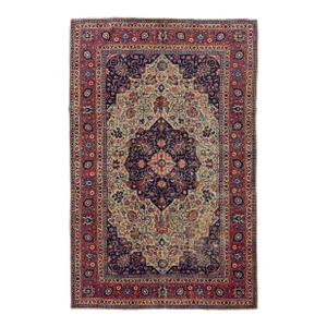 Blue Antique Wool Rug Persian Tabriz From 1920s With a Medallion Design