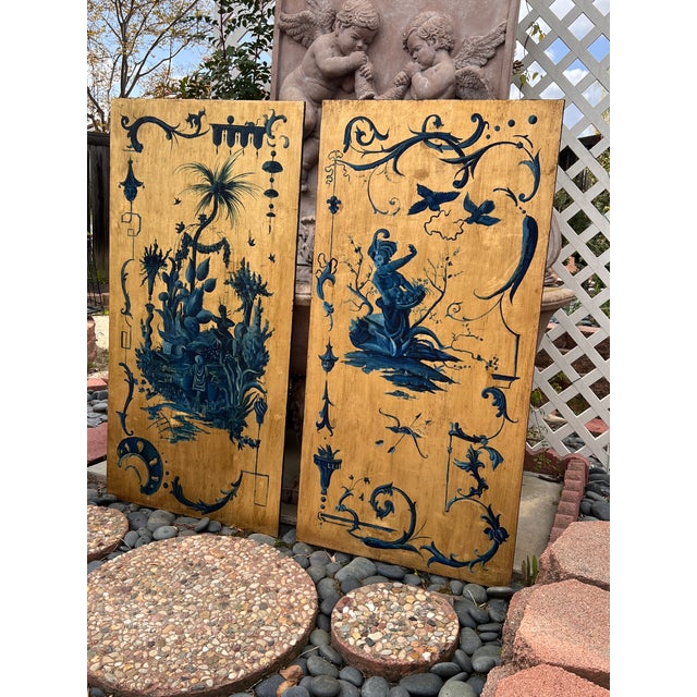 Pair of Hand Painted Blue Chinoiserie Chic Wall Hanging Giltwood Panels For Sale - Image 4 of 16