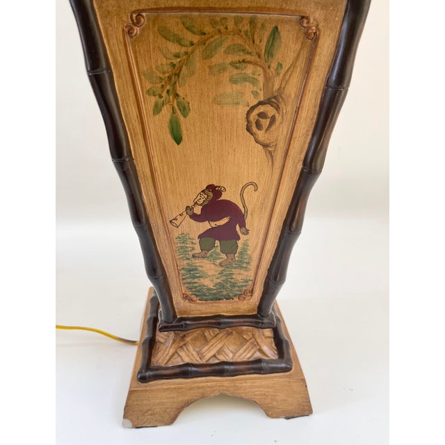 Vintage Faux Bamboo Monkey & Palm Tree Table Lamp W/Pagoda Shaped Shade For Sale - Image 4 of 12