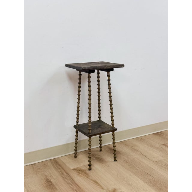 Early 20th Century Petite Antique Spool Leg Side Table Two Tier Plant Stand, Pedestal, Wooden Top For Sale - Image 5 of 14