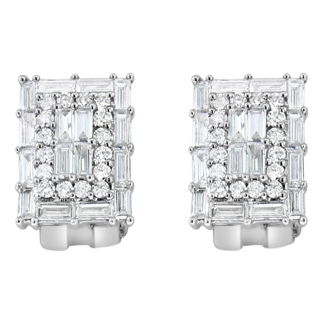 Rectangle Round & Baguette Diamond Cluster Earrings 2.92cttw 18k White Gold, 2 Pieces For Sale