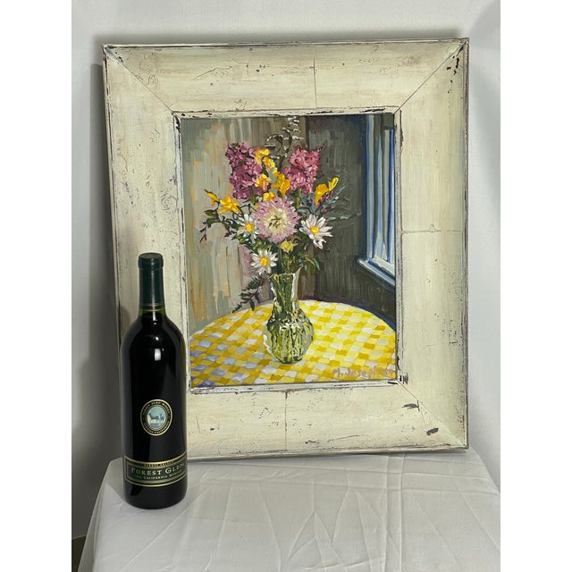 1984 Vintage Expressionist Floral Still Life Oil Painting in Distressed White Frame For Sale - Image 4 of 10