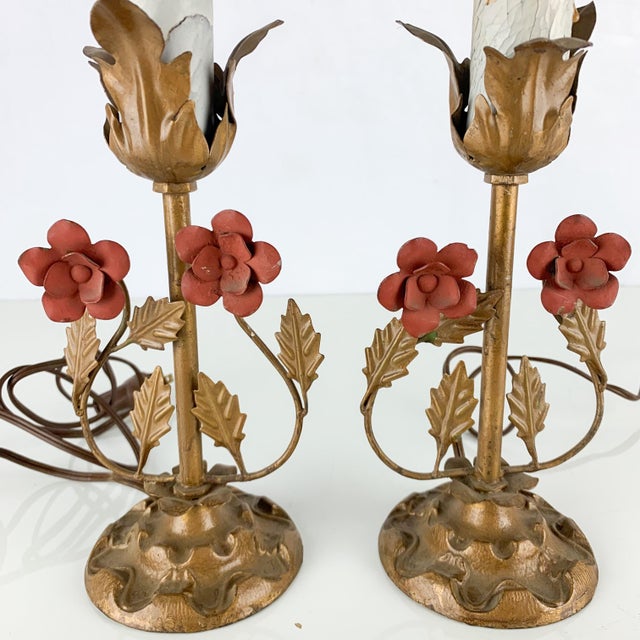 Pair Antique Vintage Victorian Tole Metal Flower Table Lamps Cast Base For Sale In Baltimore - Image 6 of 12
